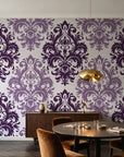 Silent Bouquet Plum damask wallpaper in an elegant dining room