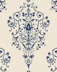 Silent Spring Navy damask wallpaper in navy and cream