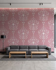 Silent Spring Rose damask wallpaper in a contemporary commercial office lobby