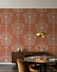 Silent Spring Terracotta damask wallpaper in an elegant dining room
