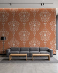 Silent Spring Terracotta damask wallpaper in a contemporary commercial office lobby
