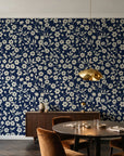 Sky Bloom Midnight floral wallpaper in an elegant dining room