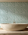 Sky Bloom Sage floral wallpaper creating ambiance in a serene spa bathroom