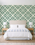 Soft Bouquet Opus Emerald floral damask wallpaper behind a queen bed in a bright coastal bedroom