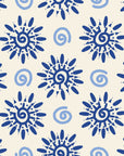 Solstice Bloom Cobalt folk sun wallpaper in cobalt and cream