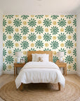 Solstice Bloom Emerald folk sun wallpaper in a bright, cheerful child's bedroom