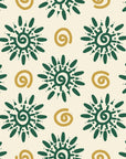 Solstice Bloom Emerald folk sun wallpaper in emerald and brass