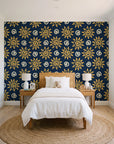 Solstice Bloom Midnight folk sun wallpaper in a bright, cheerful child's bedroom