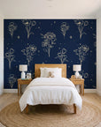 Star & Petal Midnight wildflower line art wallpaper in a bright, cheerful child's bedroom