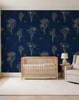 Star & Petal Midnight wildflower line art wallpaper in a calm, light-filled nursery