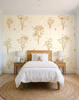 Star & Petal Ochre wildflower line art wallpaper in a bright, cheerful child's bedroom