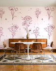 Star & Petal Rose wildflower line art wallpaper in a mid-century dining room with a teak sideboard and tulip table