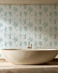 Stardust Field Emerald wildflower line art wallpaper creating ambiance in a serene spa bathroom
