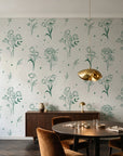 Stardust Field Emerald wildflower line art wallpaper in an elegant dining room