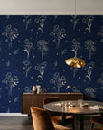 Stardust Field Midnight wildflower line art wallpaper in an elegant dining room