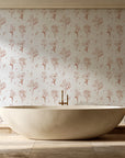 Stardust Field Terracotta wildflower line art wallpaper creating ambiance in a serene spa bathroom