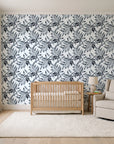Starfall Charcoal watercolor leaf wallpaper in a calm, light-filled nursery