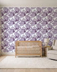 Starfall Plum watercolor leaf wallpaper in a calm, light-filled nursery