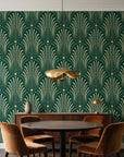 Starlit Swirl Emerald dotted art deco fan wallpaper behind a walnut credenza and round table in an elegant dining room