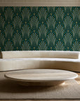 Starlit Swirl Emerald dotted art deco fan wallpaper in an elegant living room