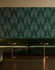 Starlit Swirl Emerald dotted art deco fan wallpaper in an intimate luxury cocktail lounge
