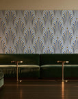 Starlit Swirl Pearl dotted art deco fan wallpaper in an intimate luxury cocktail lounge