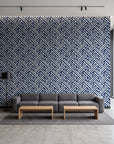 Still Labyrinth Navy maze geometric wallpaper in a contemporary commercial office lobby