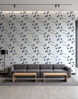 Stone Garden Navy sprig wallpaper in a contemporary commercial office lobby