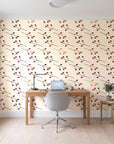 Stone Garden Terracotta sprig wallpaper behind a modern oak desk in a bright home office