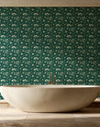Sun & Moon Emerald celestial folk wallpaper creating ambiance in a serene spa bathroom