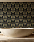 Sunlit Thicket Noir damask wallpaper creating ambiance in a serene spa bathroom