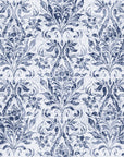 Tranquil Flora Indigo floral damask wallpaper in indigo and linen