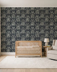 Tranquil Flora Onyx floral damask wallpaper in a calm, light-filled nursery