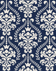 Veiled Botany Navy damask wallpaper in navy and ivory