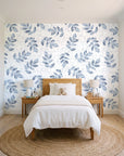 Verdant Scatter Navy tossed leaf wallpaper in a bright, cheerful child's bedroom