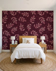 Verdant Scatter Oxblood tossed leaf wallpaper in a bright, cheerful child's bedroom