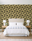 Wild Palm Ebony palm wallpaper behind a queen bed in a bright coastal bedroom