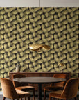 Wild Palm Ebony palm wallpaper behind a walnut credenza and round table in an elegant dining room