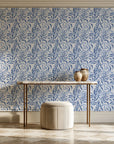 Willow Trace Indigo willow vine wallpaper on the wall of a grand entry foyer