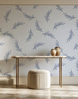 Willow Whisper Navy willow sprig wallpaper on the wall of a grand entry foyer