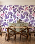 Winter Forage Plum pine bough and berry wallpaper in a farmhouse dining room with a sage sideboard and rustic trestle table
