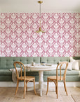 Woodland Blossom Veil Rose damask wallpaper as a feature wall in a sunlit breakfast nook