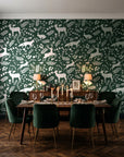 Woodland Hush Forest woodland animal wallpaper in a dark moody dining room with a candlelit table