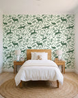 Woodland Hush Sage woodland animal wallpaper in a bright, cheerful child's bedroom