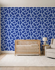 Woven Whisper Cobalt abstract heart wallpaper in a calm, light-filled nursery