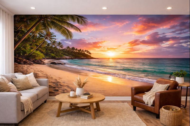 Custom photo wall mural of a landscape printed on peel-and-stick wallpaper in a living room