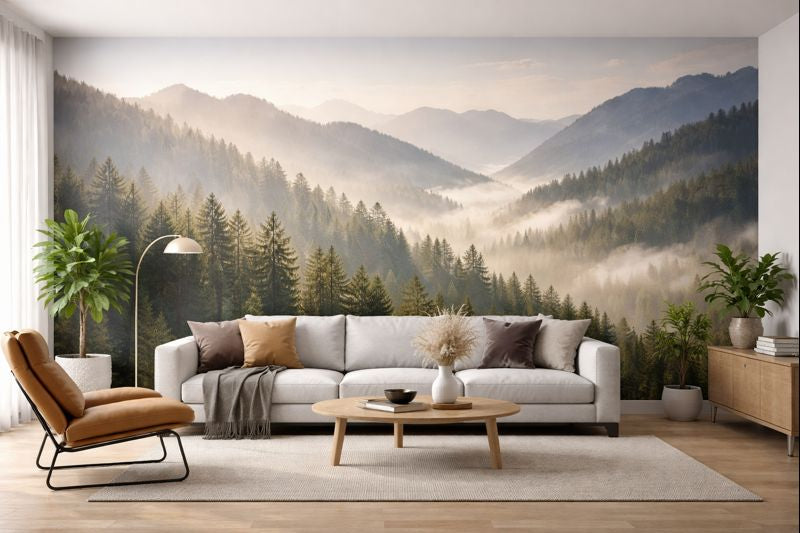 Large custom wall mural of a scenic landscape installed in an interior space