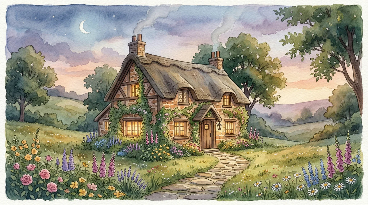 Foxglove Cottage watercolor English countryside — wall mural for nurseries
