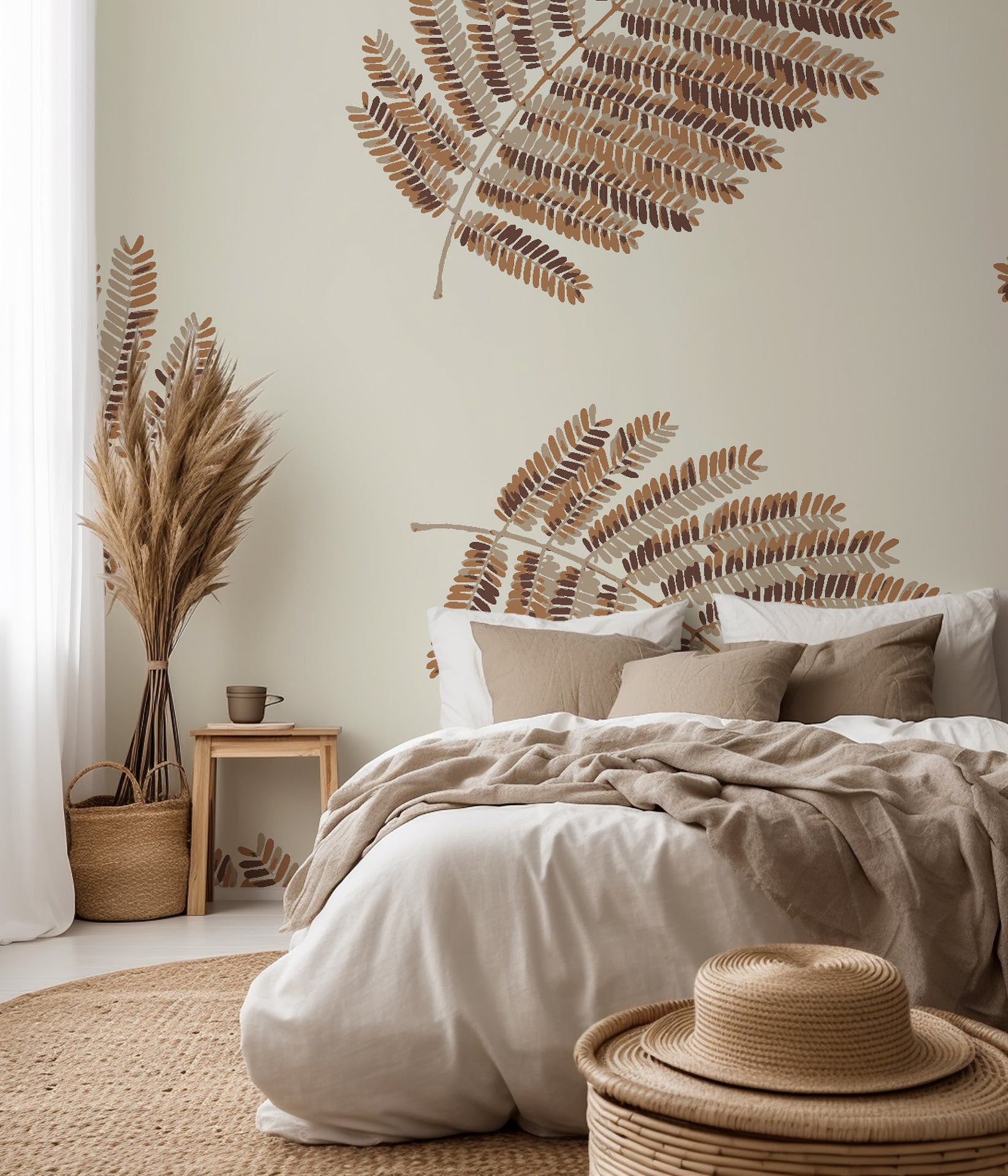 A daintily scattered green leaf pattern on white for a refreshing and organic room.