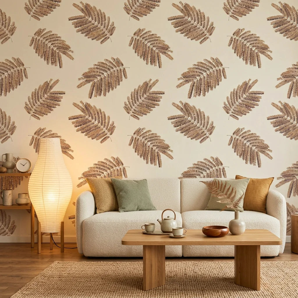 Acacia Scatter dainty leaf wallpaper in a warm and inviting living room